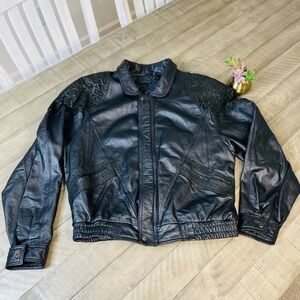 Phase 2 Vintage Black Leather Bomber Moto Jacket Men's Size L
